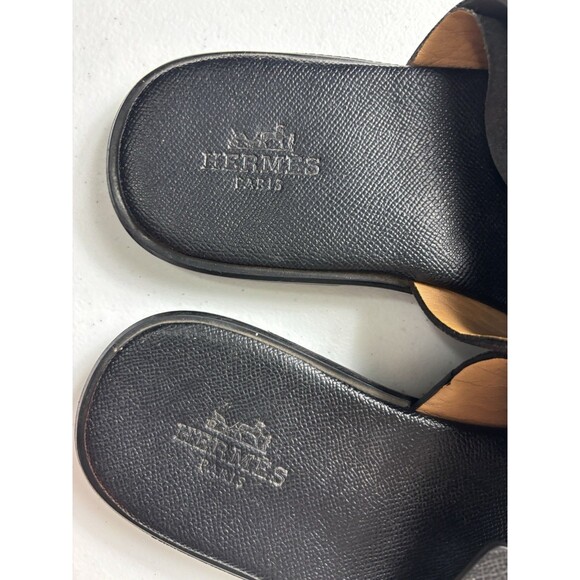 HERMES Paris Men\'s Izmir Sandals - Black Leather Slides - Size  9 read Desc)